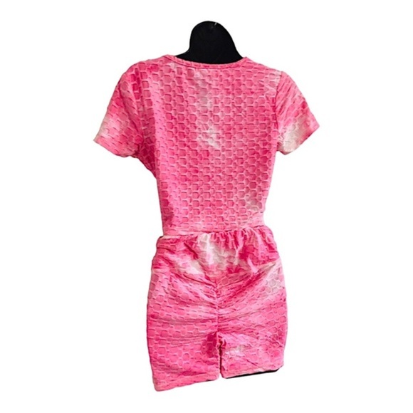 2 piece pink white v-neck printed crop top & booty shaping shorts set - Picture 6 of 15